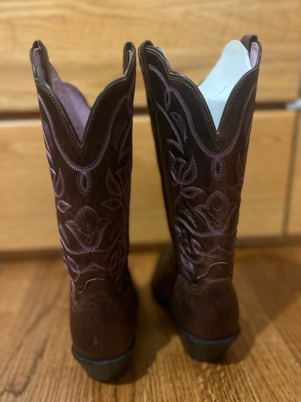 Ariat Brown Western Boots with lilac Stitching. Never worn.